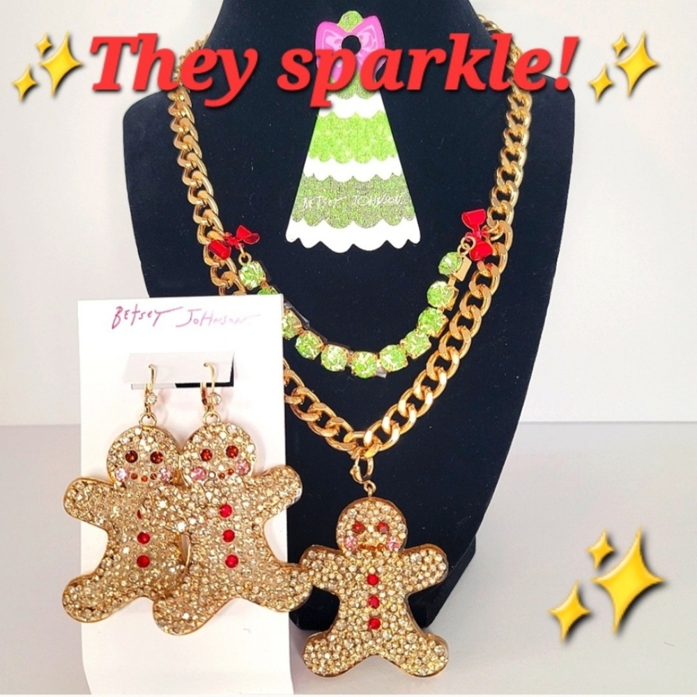 Betsey Johnson Gingerbread Gold Necklace & Earrings Set Christmas Ornament
